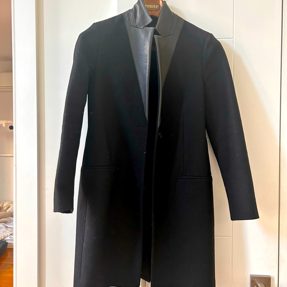 All Saints black wool coat with leather lapel sz 6